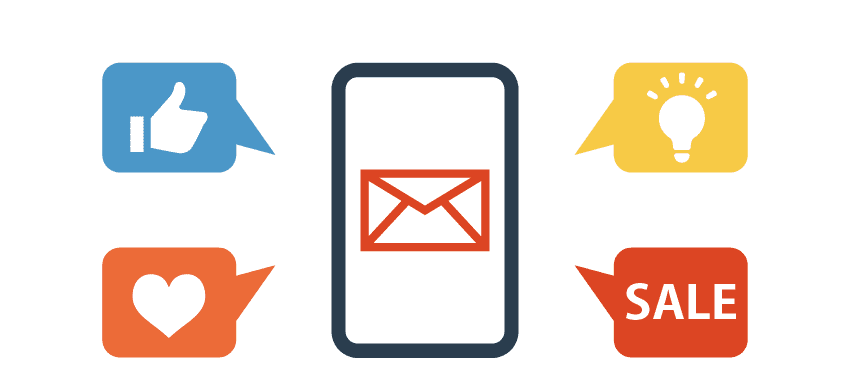 メッセージが表示されたスマホに効果を表す4つの吹き出しがついているイラスト